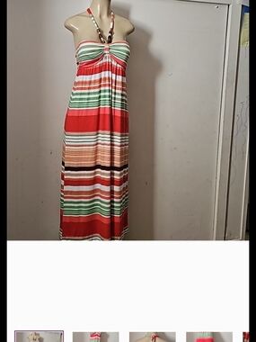 American Rag Red, Green and White Striped Halter Maxi Dress